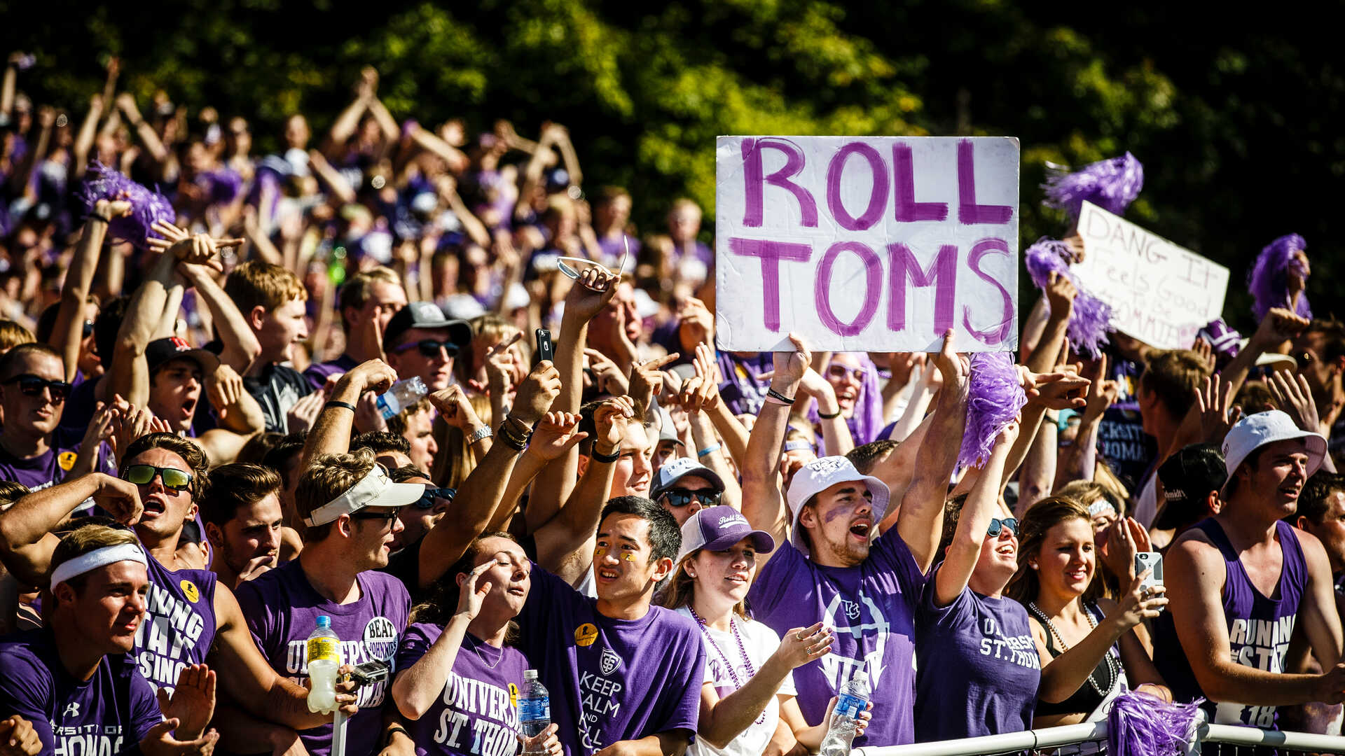 UST students cheer on the Tommies during the annual Tommie Johnnie football game at Clemens Stadium at Saint John's University in Collegeville, Minnesota, on September 26, 2015. St. Thomas won the game by a final score of 35-14.