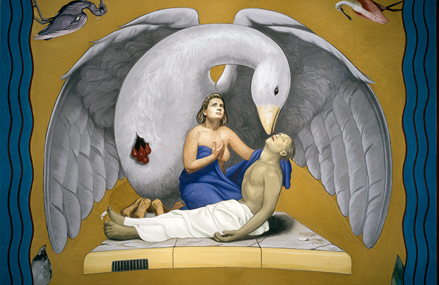 Woman on sidewalk cradles lifeless man, both are enveloped by a large pelican offering its own blood to revive figure.