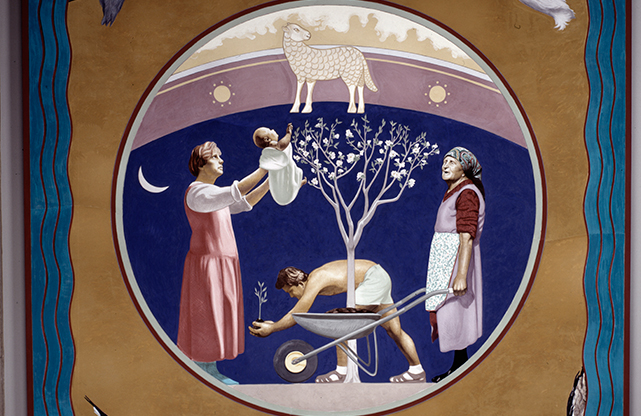 Woman holds newborn towards sky, man planting sapling, and woman pushing wheelbarrow with soil.