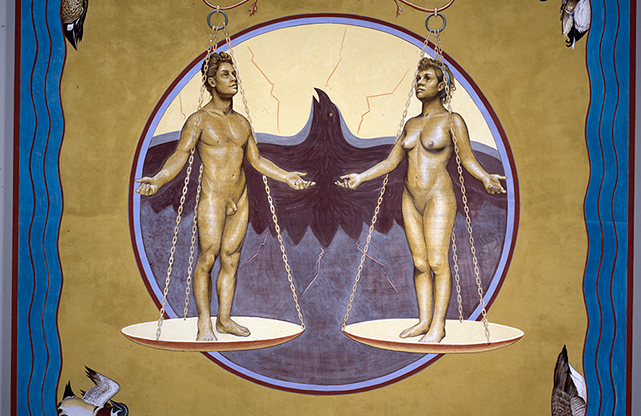Man and woman standing on equal scales