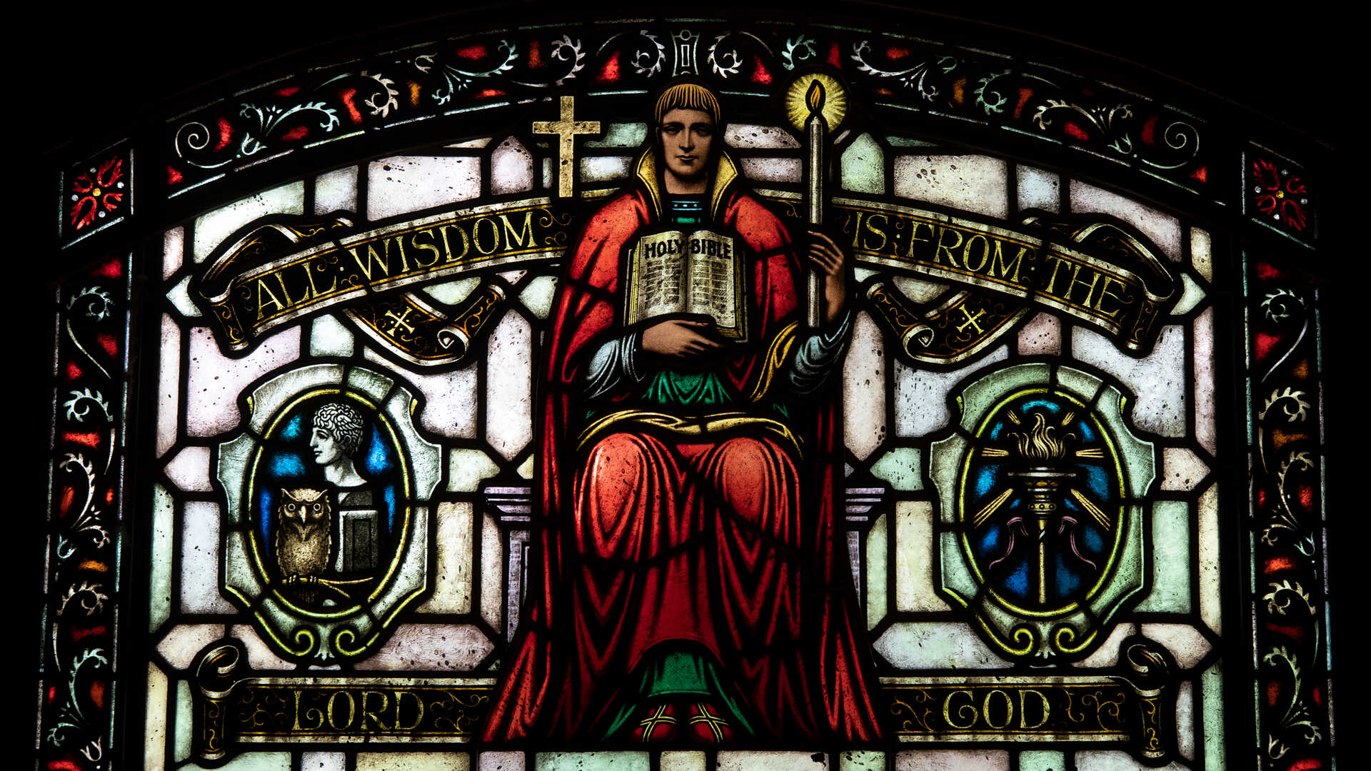 Stained glass window in Aquinas Chapel