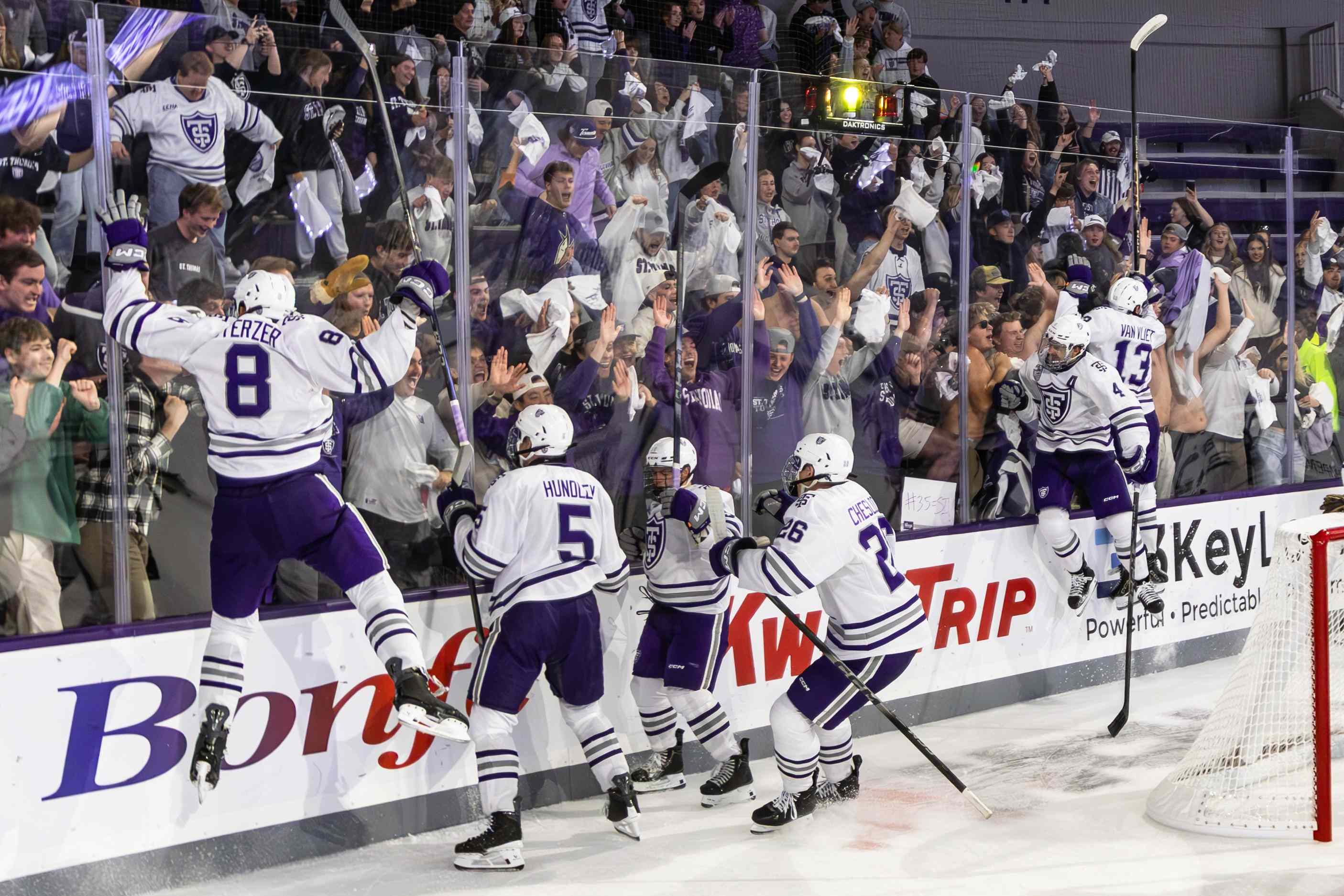 Hockey players celebrate with fans