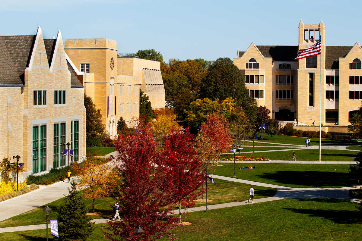 Campus scene with Murray Herrick Center in background