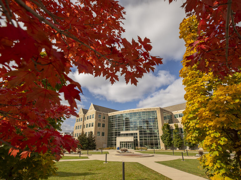 School of Law framed by red leaves in autumn.