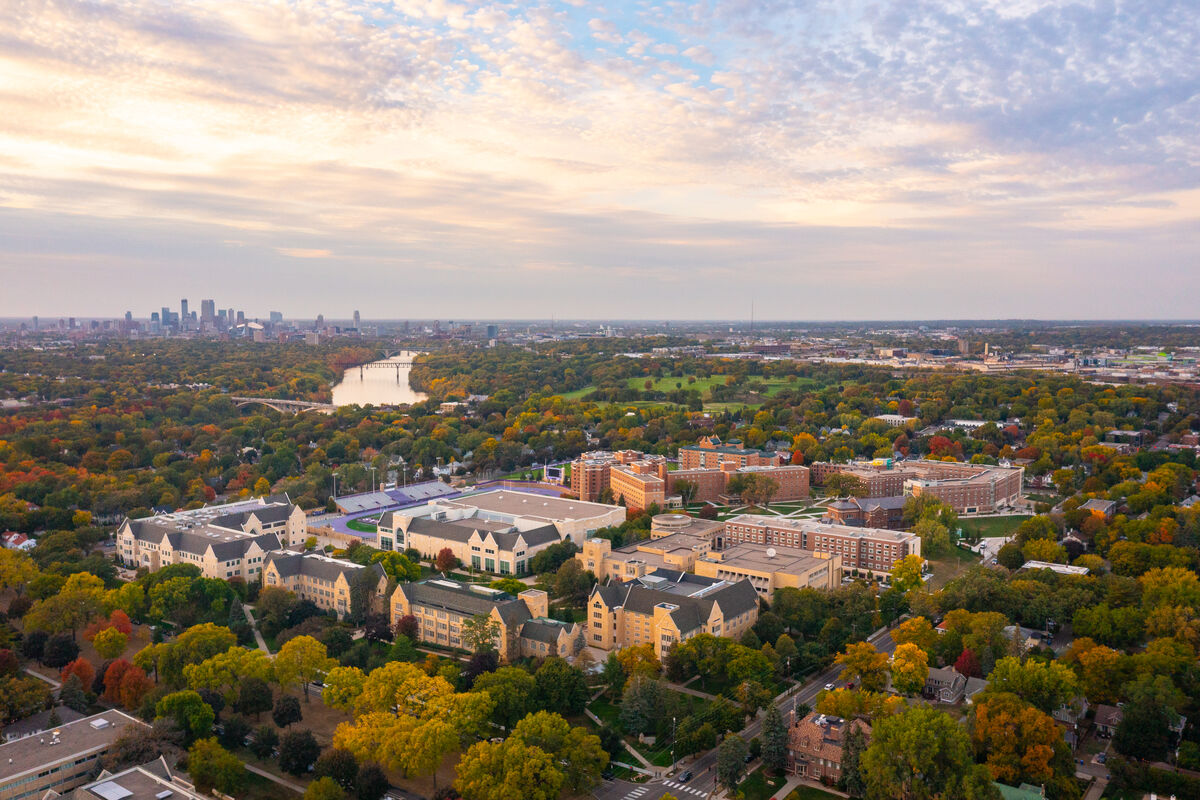 aerial view showing the Mississippi River between the city of Minneapolis and the St Thomas campus in St Paul