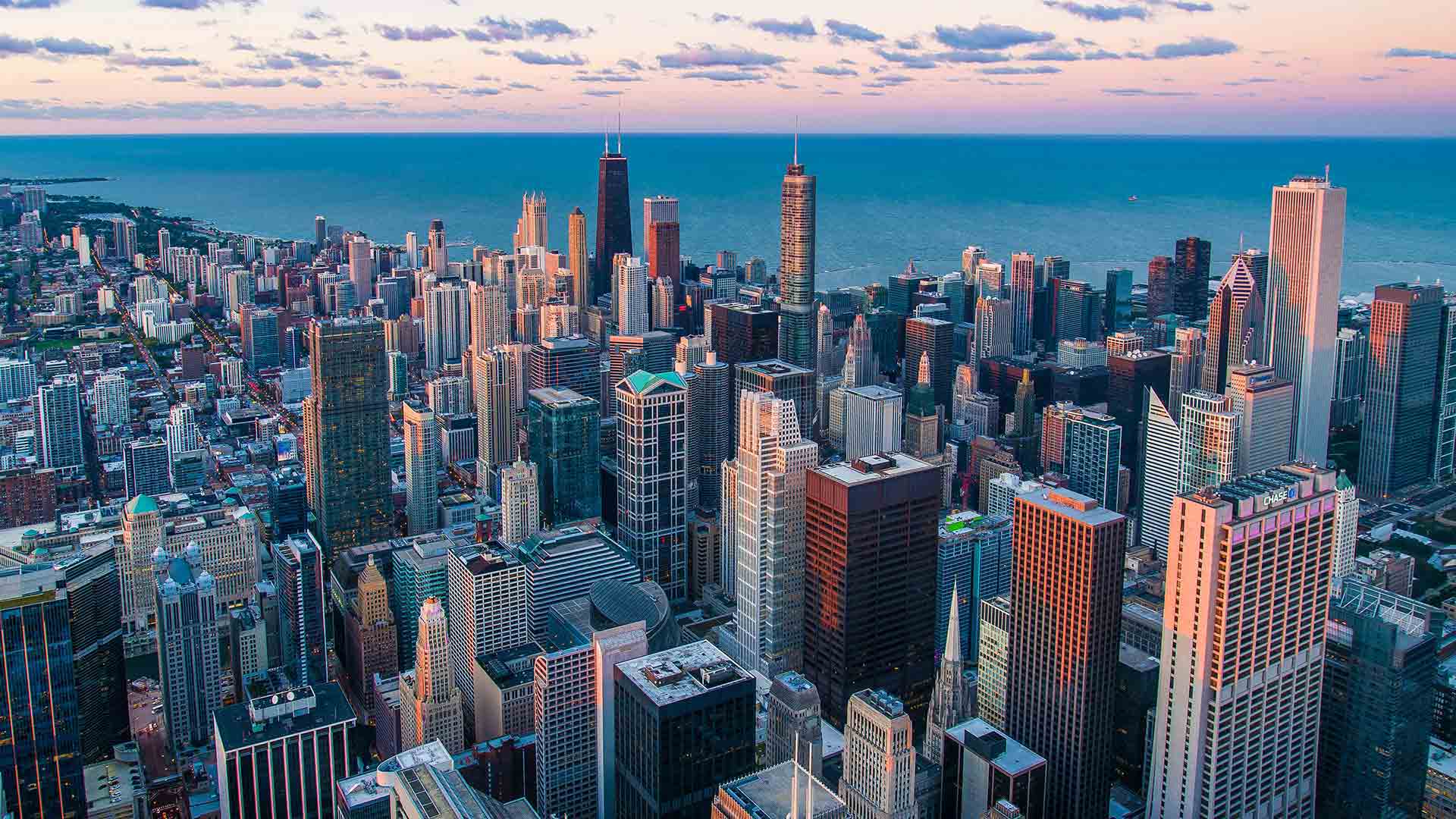 Chicago skyline against Lake Michigan
