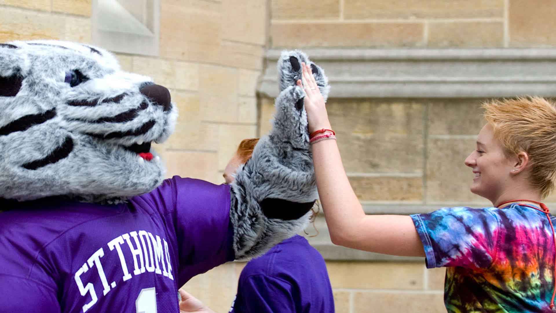 Mascot Tommie gives high five to new student.