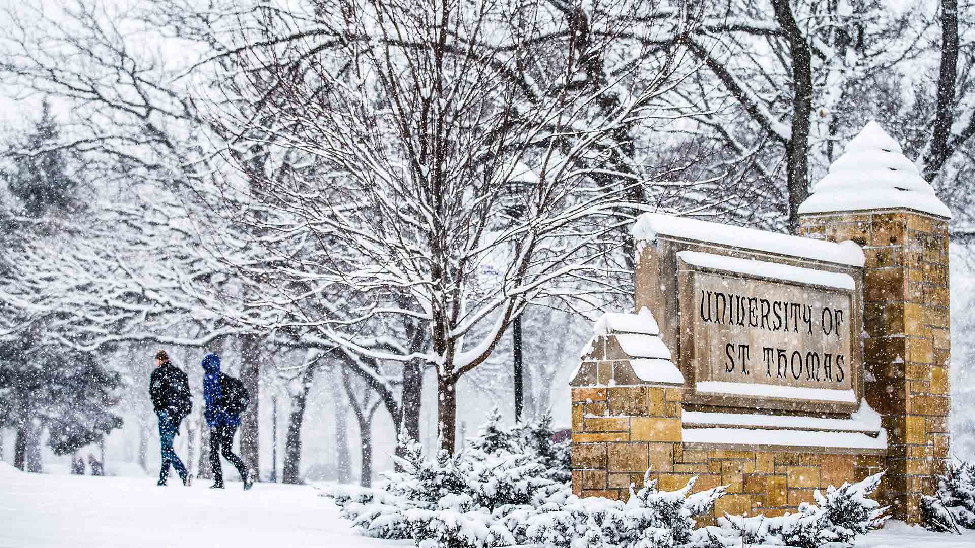 Stone University of St. Thomas sign covered in falling snow.
