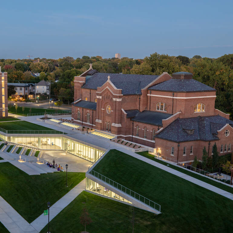 Aerial view of upper quad at dusk