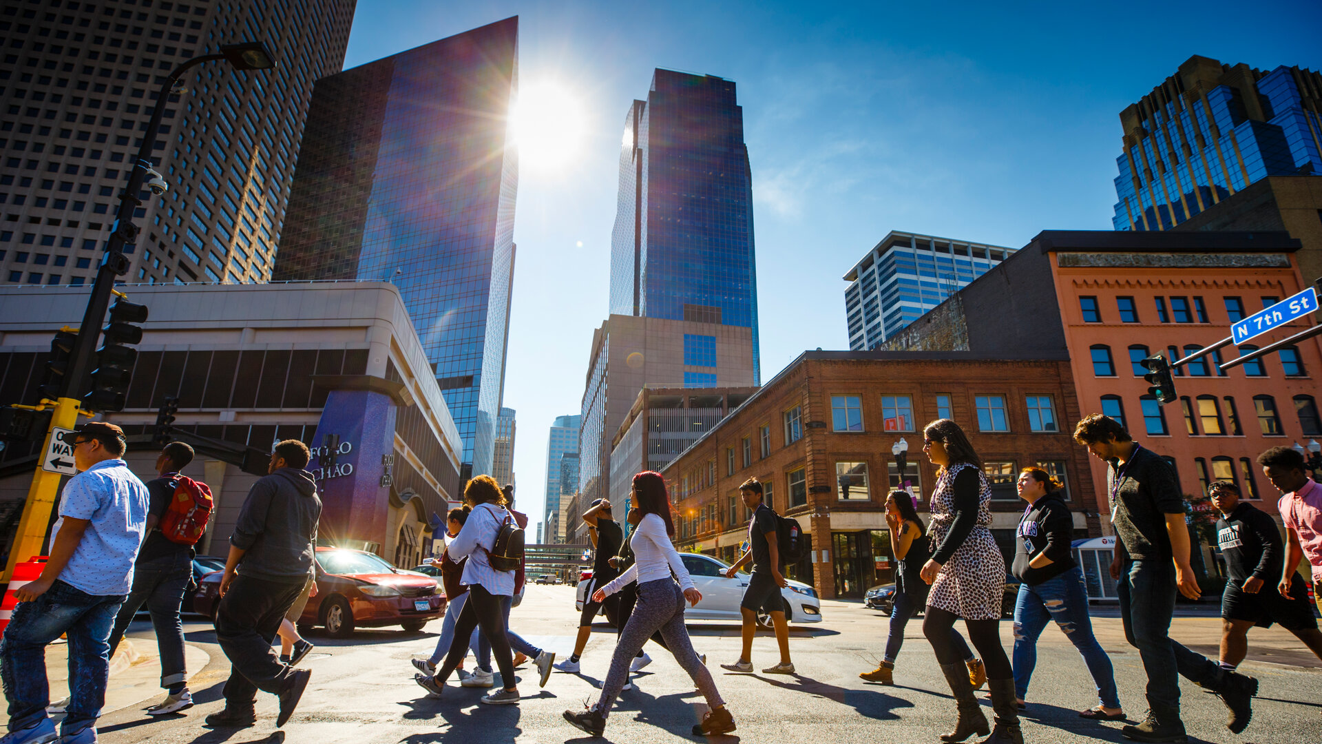 Students crossing the street in downtown Minneapolis