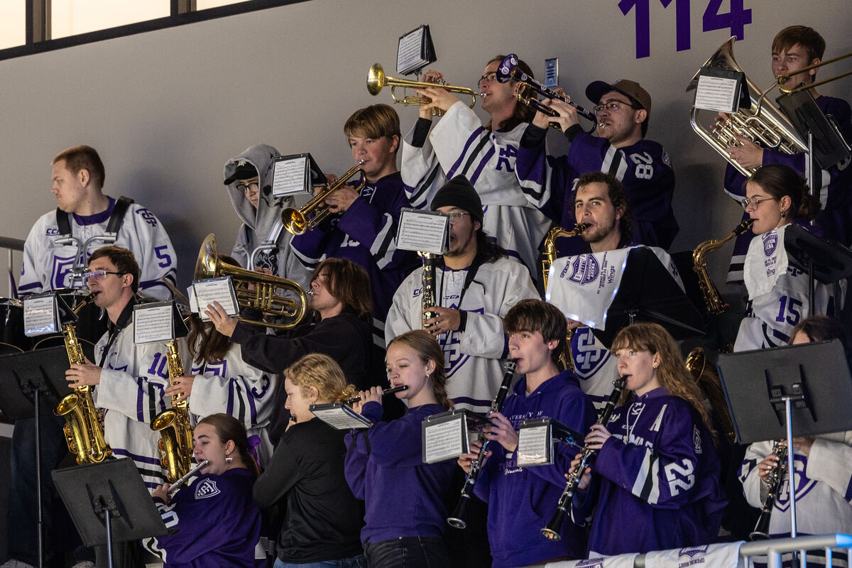 pep band plays in the stands