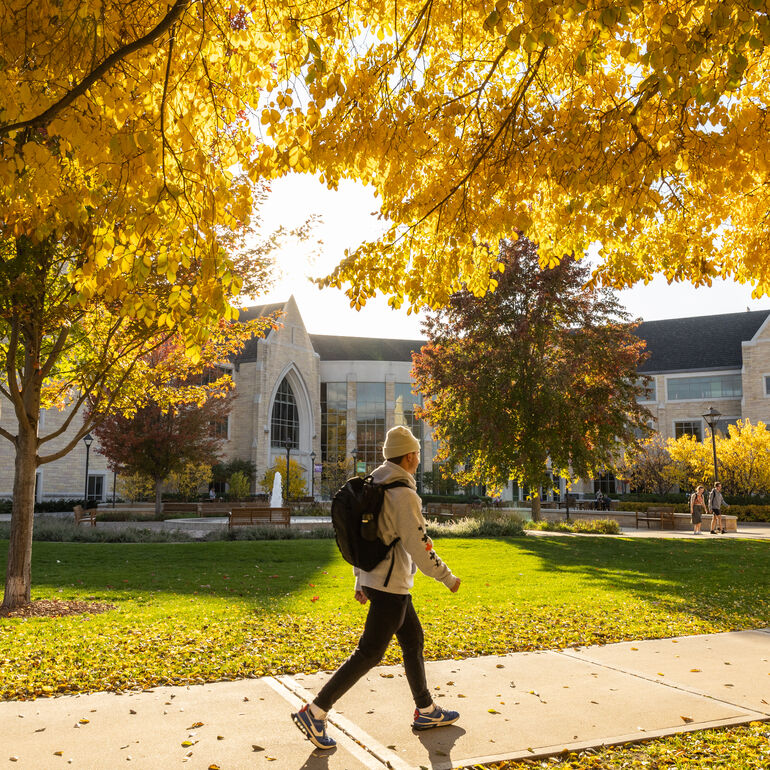 Student walking on campus beneath trees in the fall