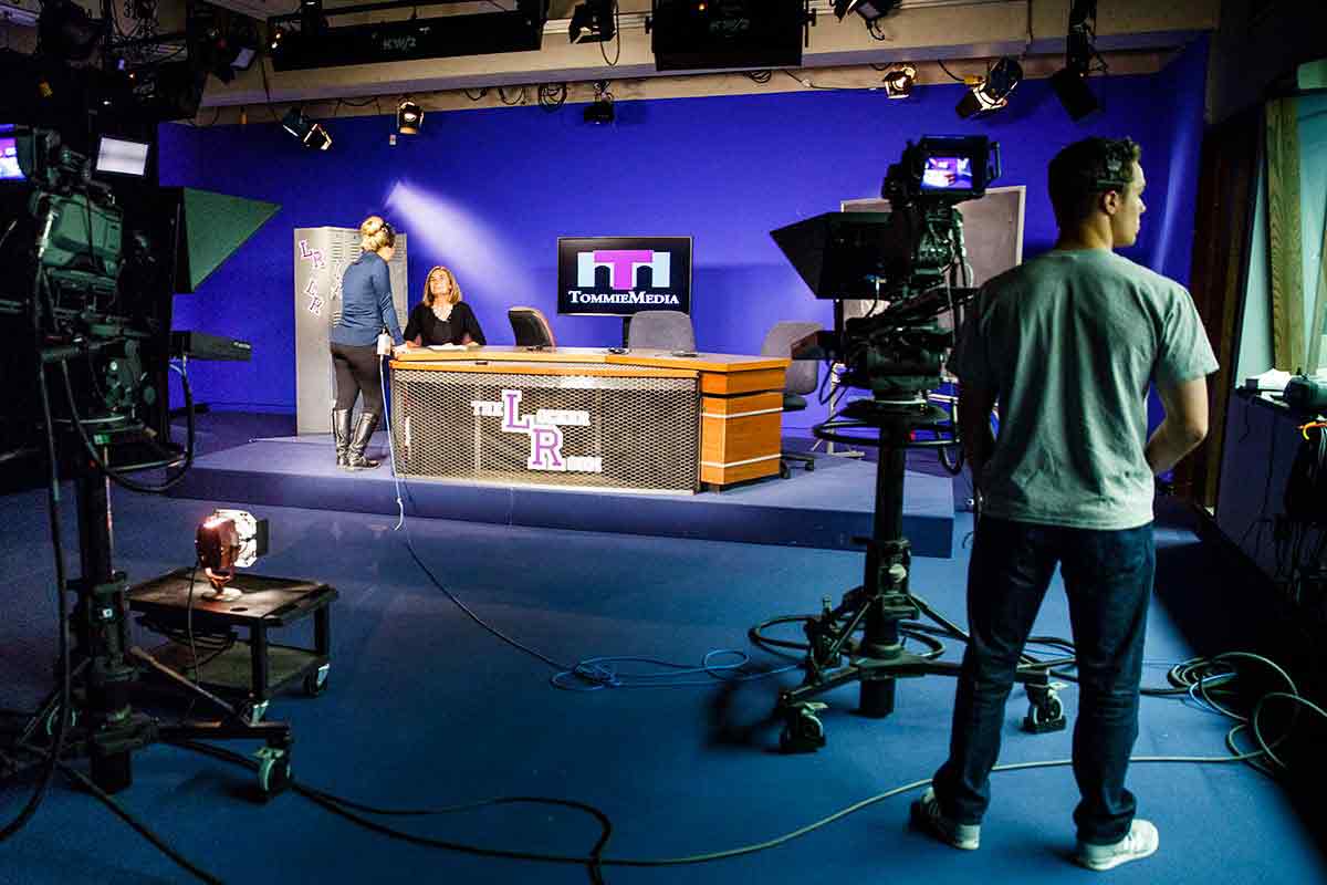 Students on set during production of a TommieMedia program.