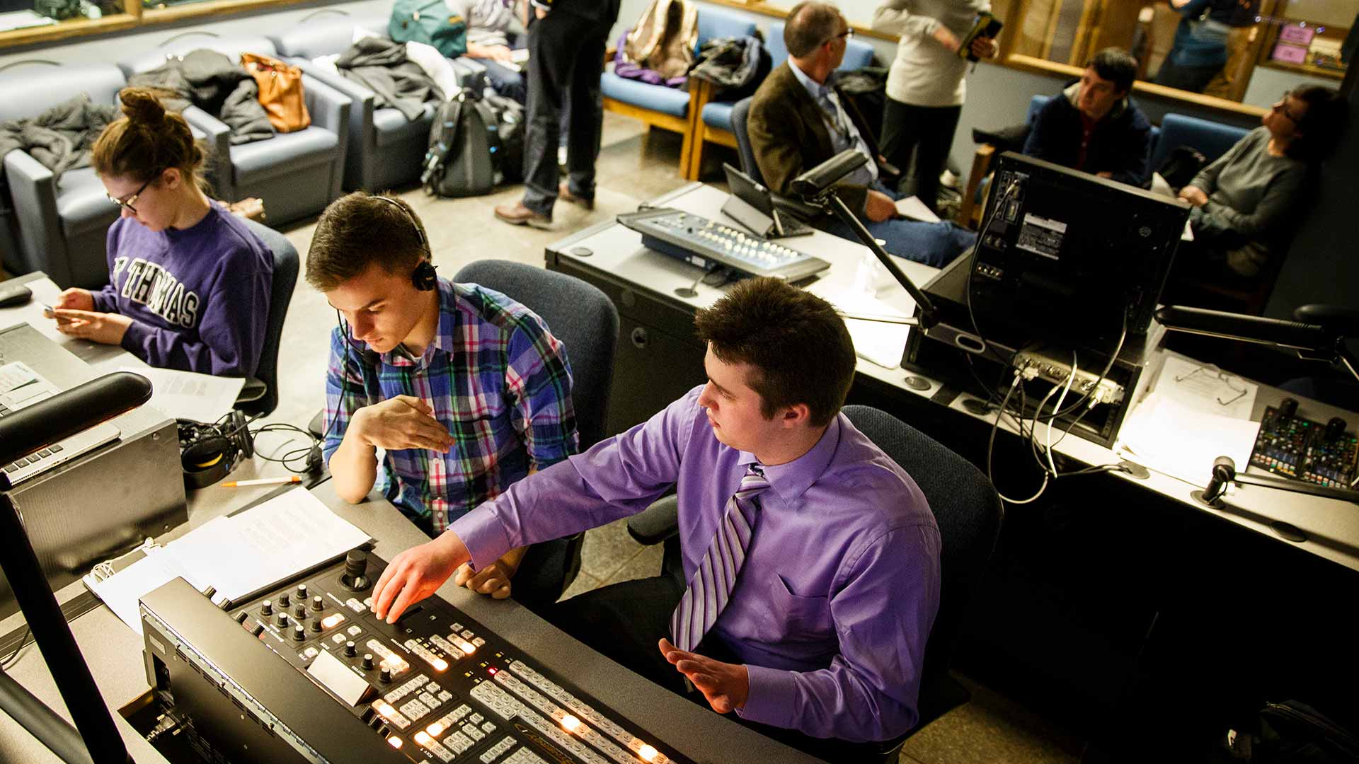 Students work in the control room during production of the TommieMedia program "The Locker Room" in the TV studio in O'Shaughnessy Educational Center (OEC).