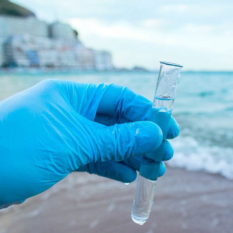 Individual holding test tube filled with water by the sea. 