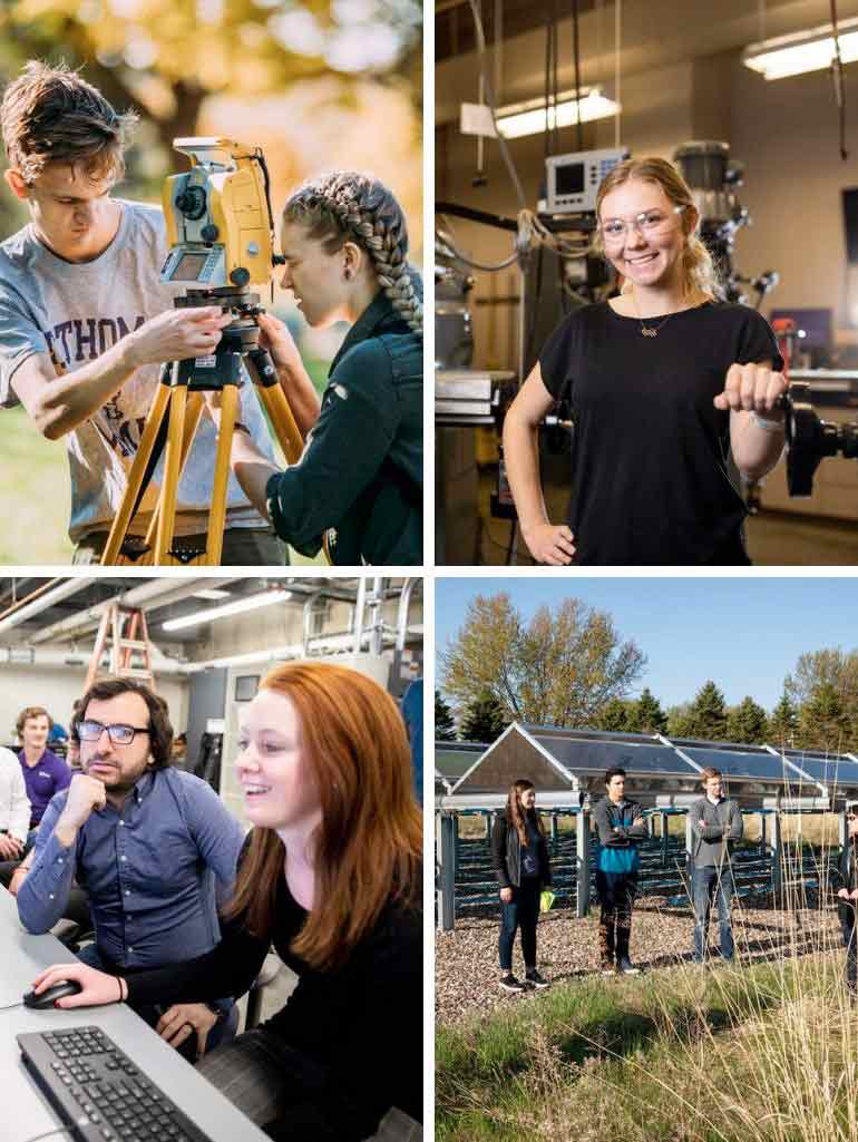 Four-panel collage featuring engineering students and faculty.