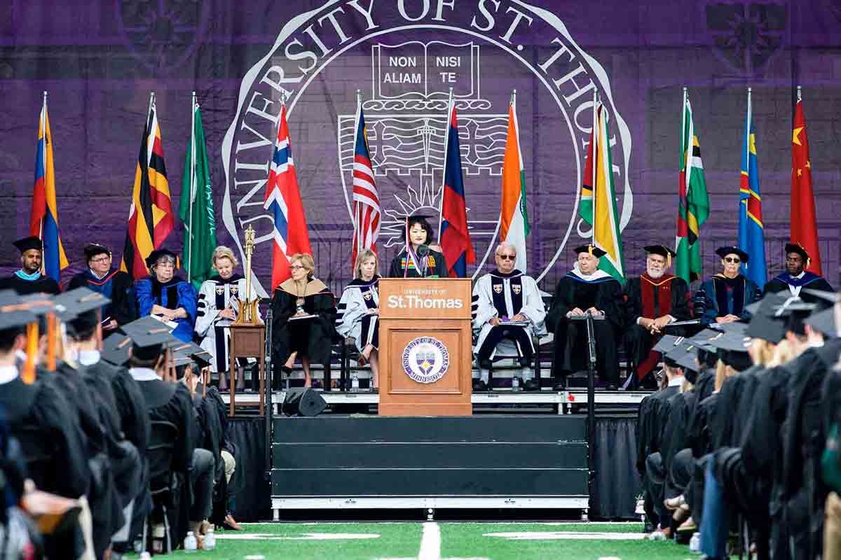 Divine Zheng gives the student address during the 2018 Undergraduate Commencement ceremony