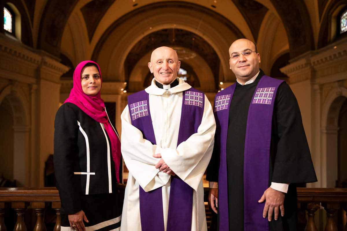 St. Thomas faith leaders Sadaf Rauf Shier, Fr. Lawrence Blake and Rev. Medhat Yoakiem.