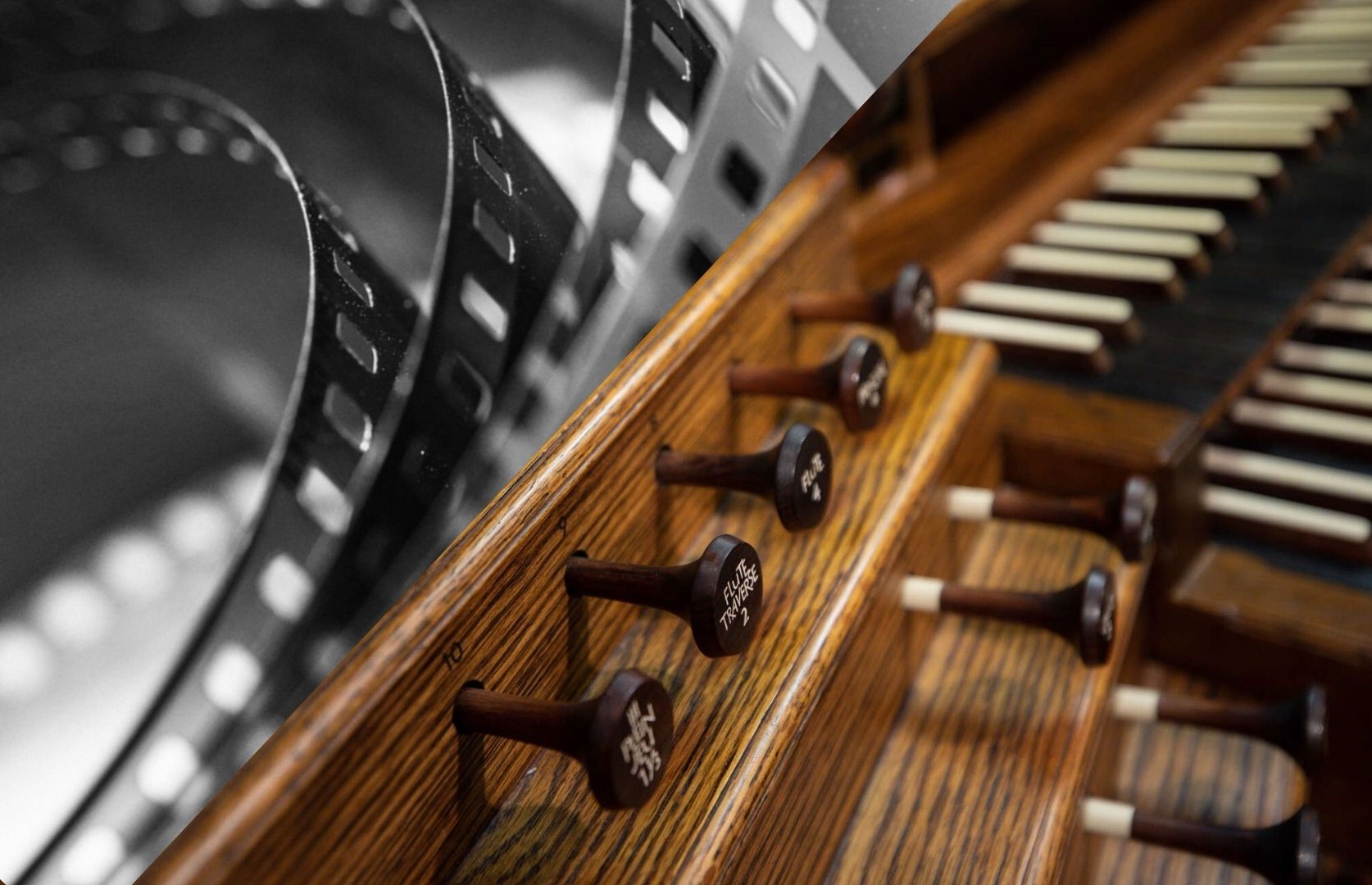vintage film strip with pipe organ console
