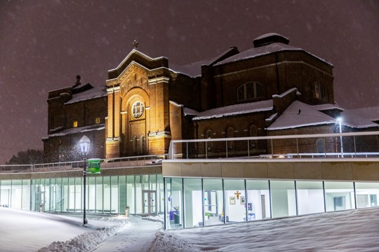 Chapel of St. Thomas Aquinas lit up at night