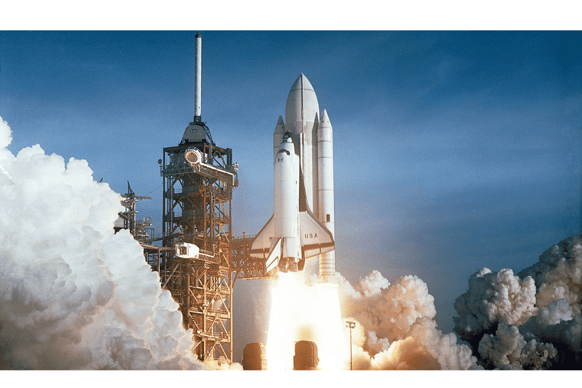 US space shuttle undergoes ignition on launch pad