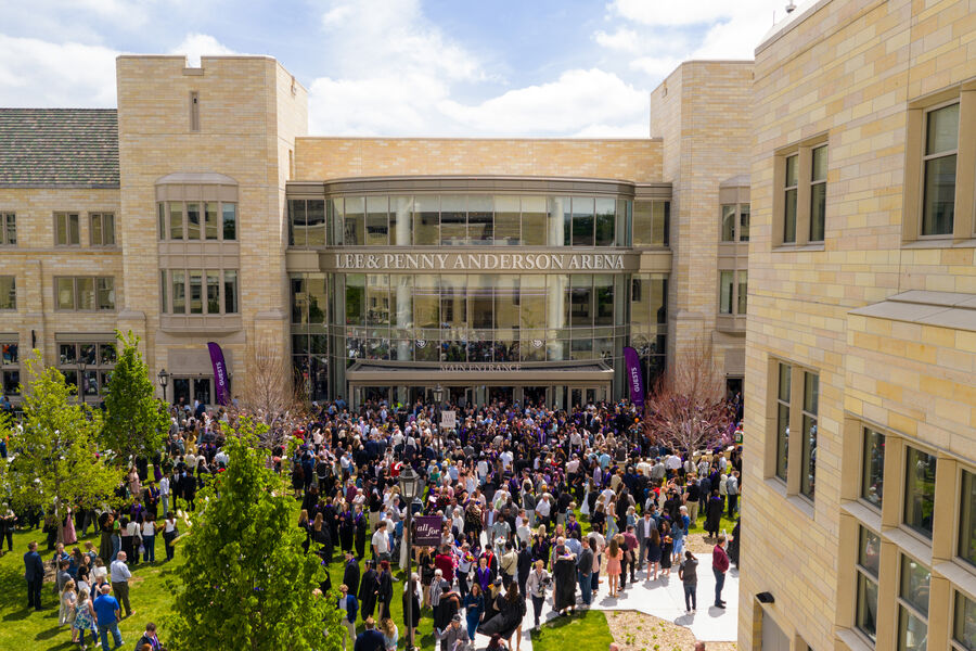 A crowd gathered outside of the Lee and Penny Anderson Arena after graduation commencement