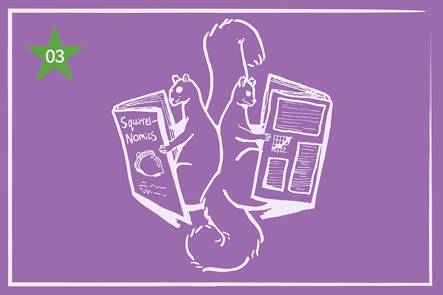 Illustration of two squirrels reading books