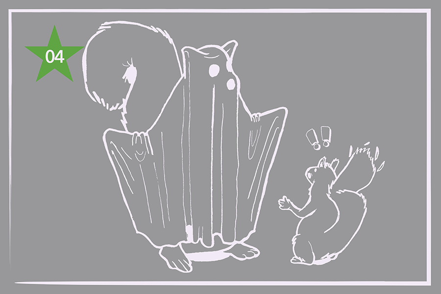 Illustration of a squirrel in a ghost costume scaring another squirrel