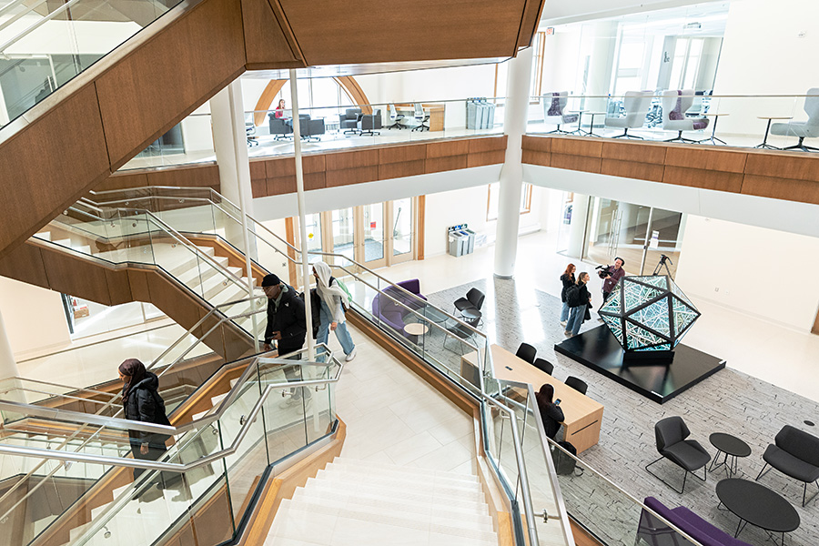 Looking down on the Shoenecker Center Atrium from the staircase