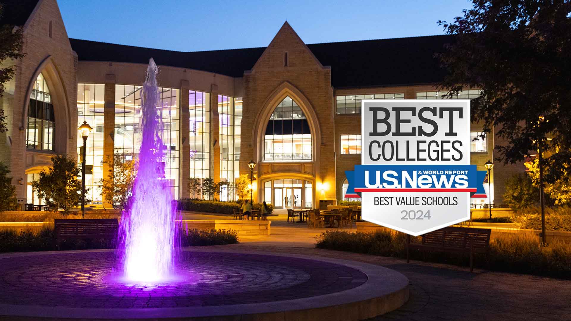 Image of campus with an award for being named a best value school by the US News and World Report