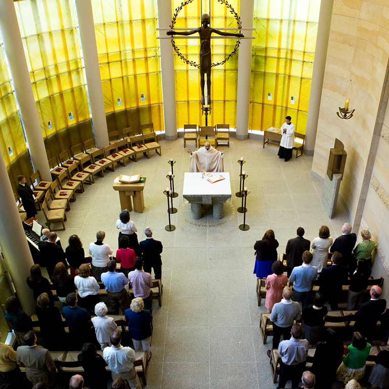 Overhead view of the inside of Chapel during mass
