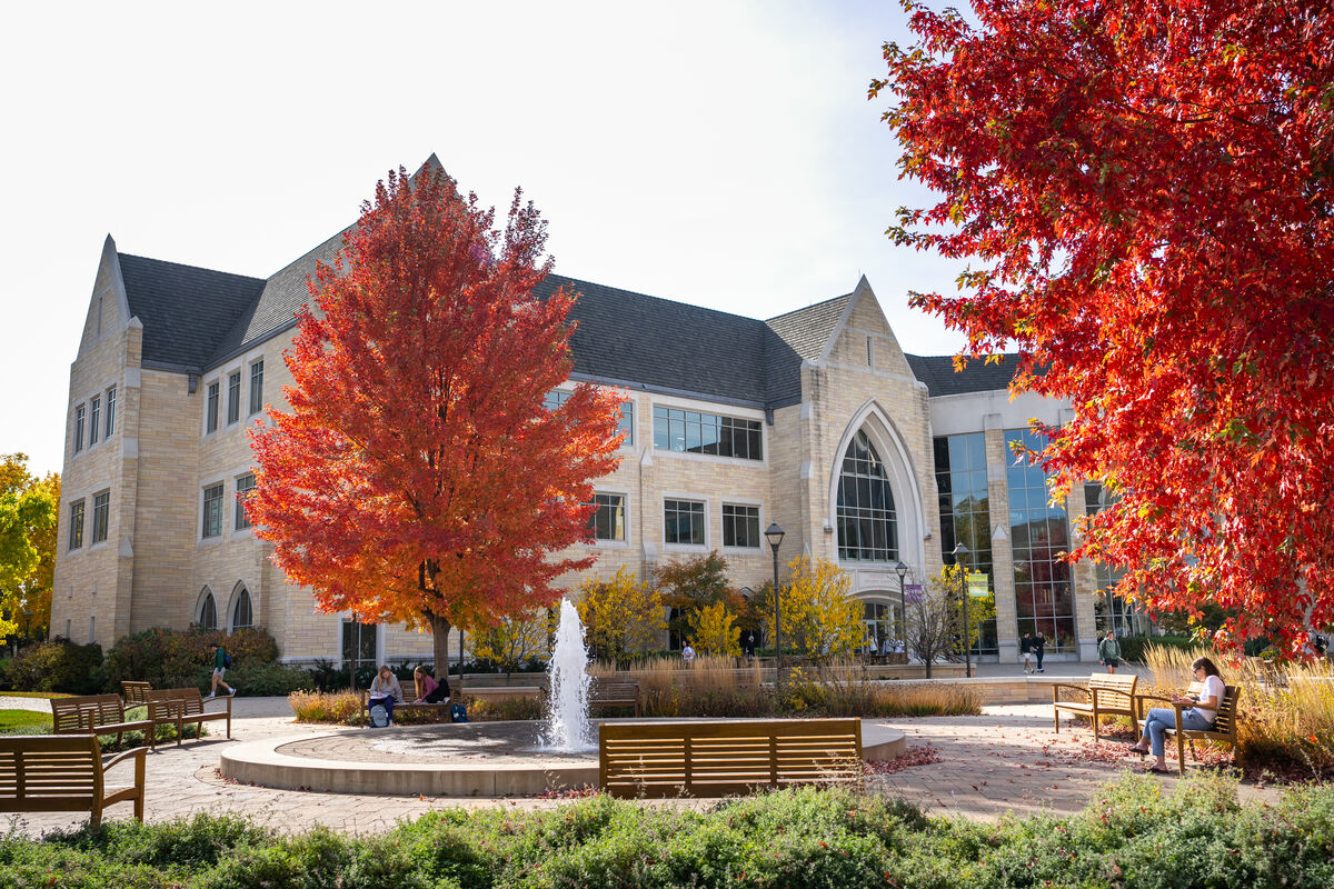 Building by red trees