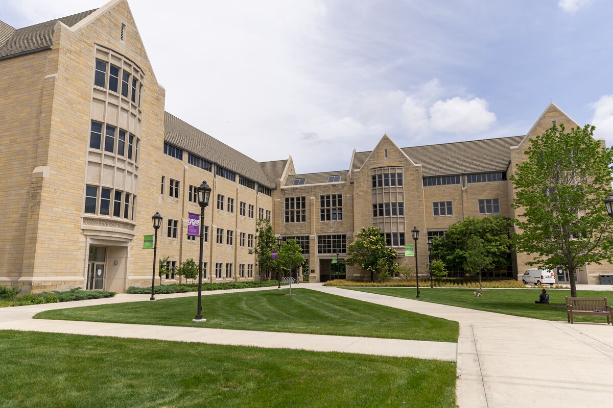 Buildings on green lawn