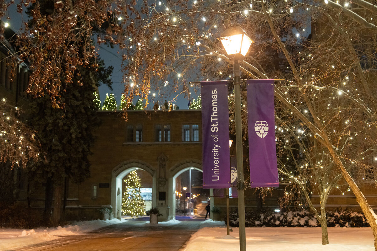 University banner in winter night