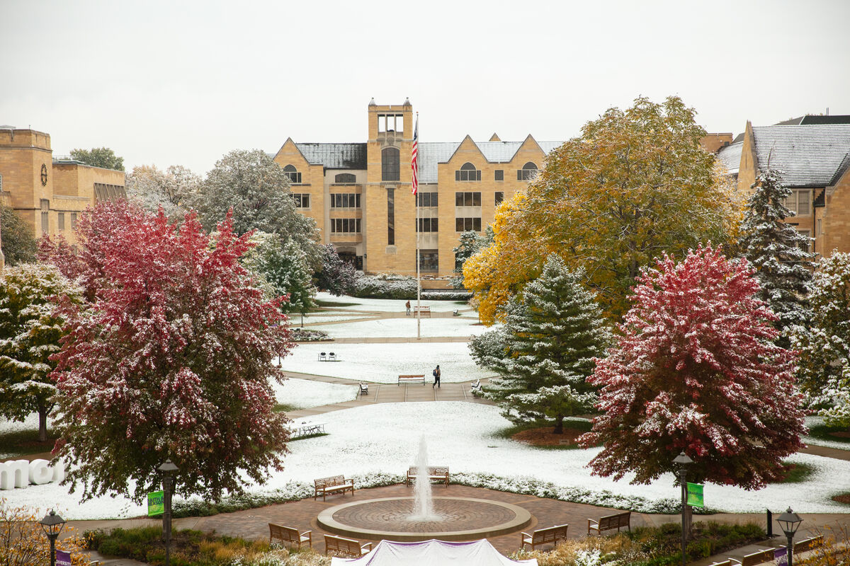 Snow dusting on autumn campus