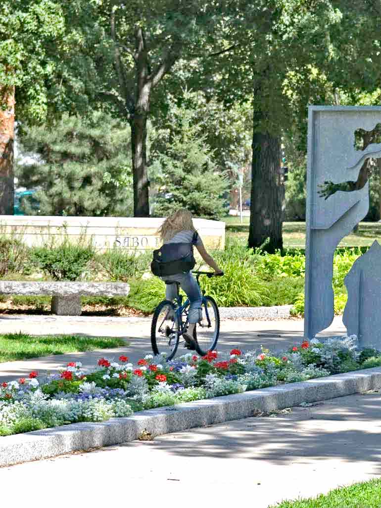 Summer view of a student riding her bike on University of St Thomas, south campus.