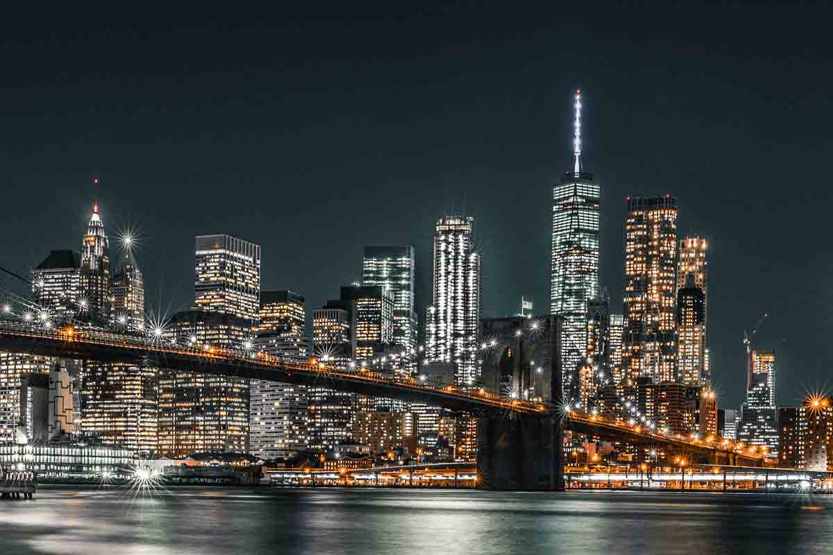The Manhattan skyline at night.