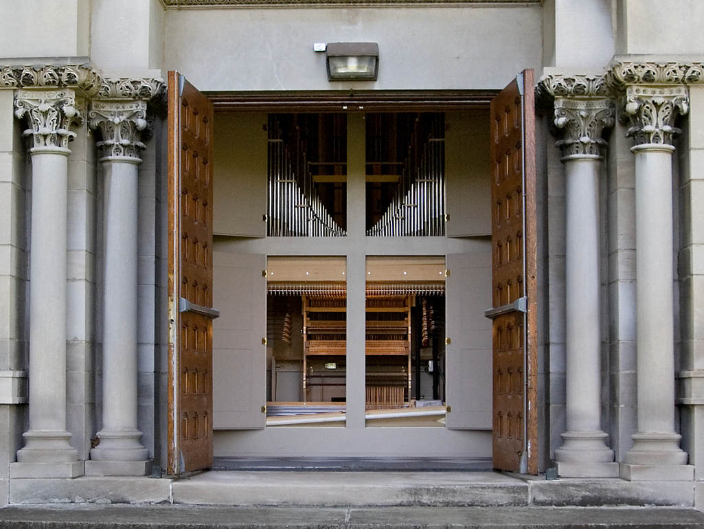 View of Noack through the open doors of St. Mary's Chapel