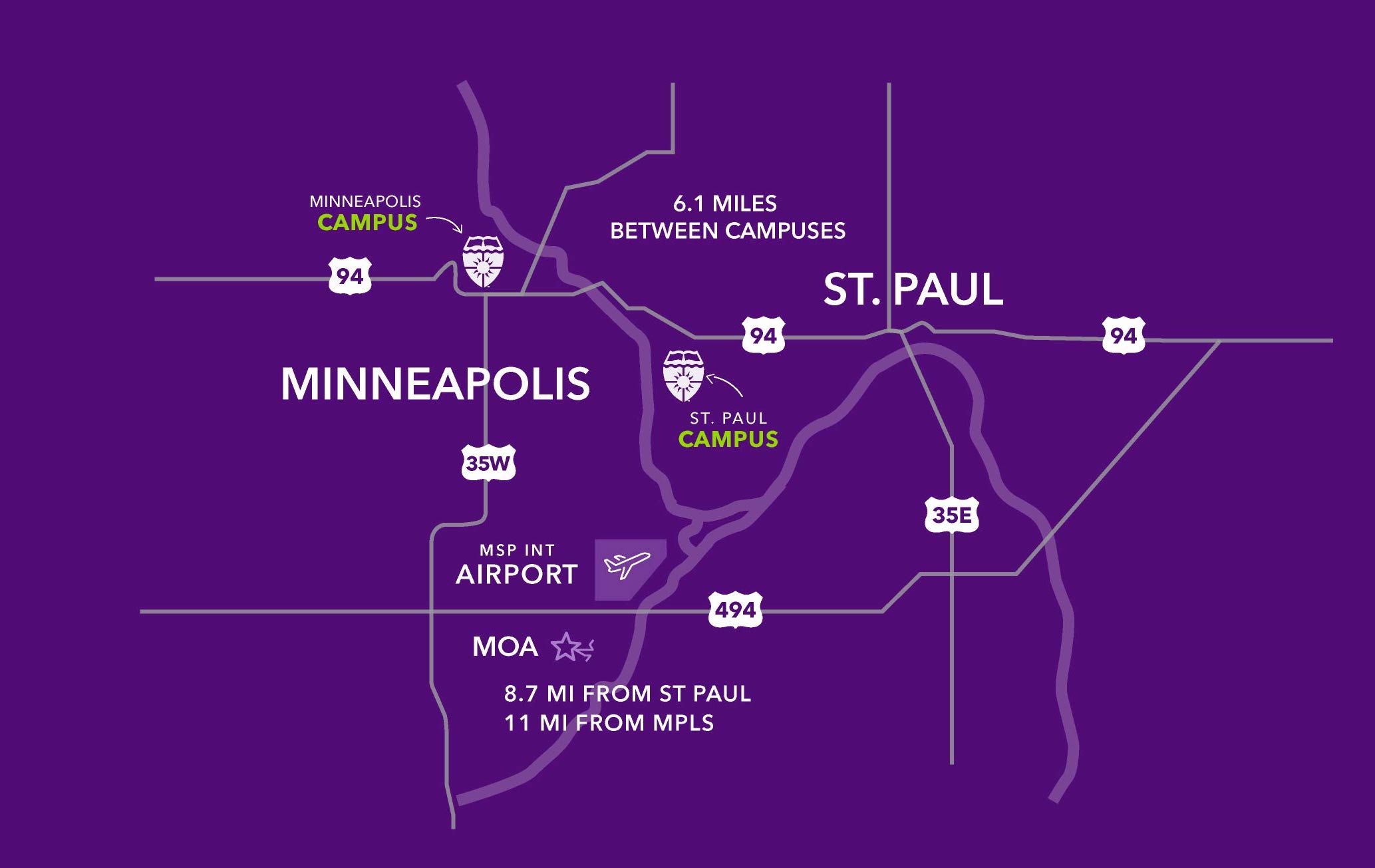 Purple map showing campus locations
