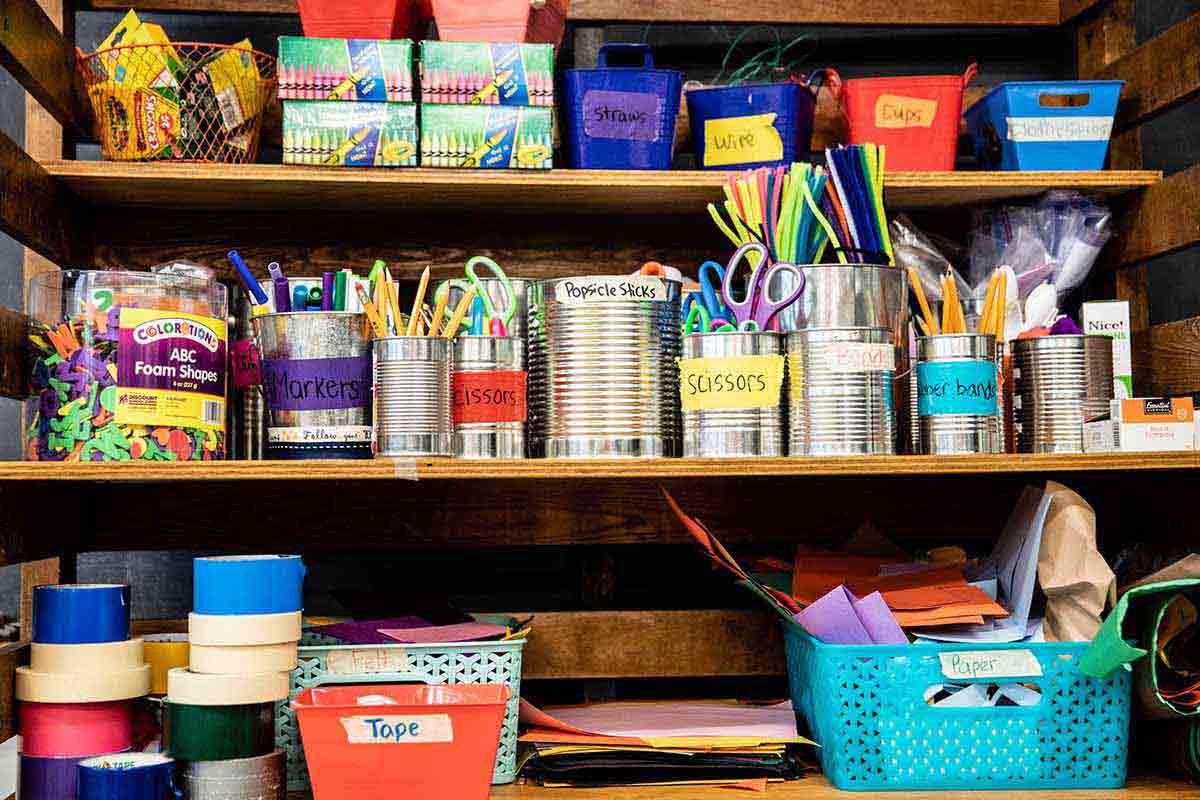 Crafting supplies on a shelf at Nativity of Our Lord School in St. Paul during a STEM class.