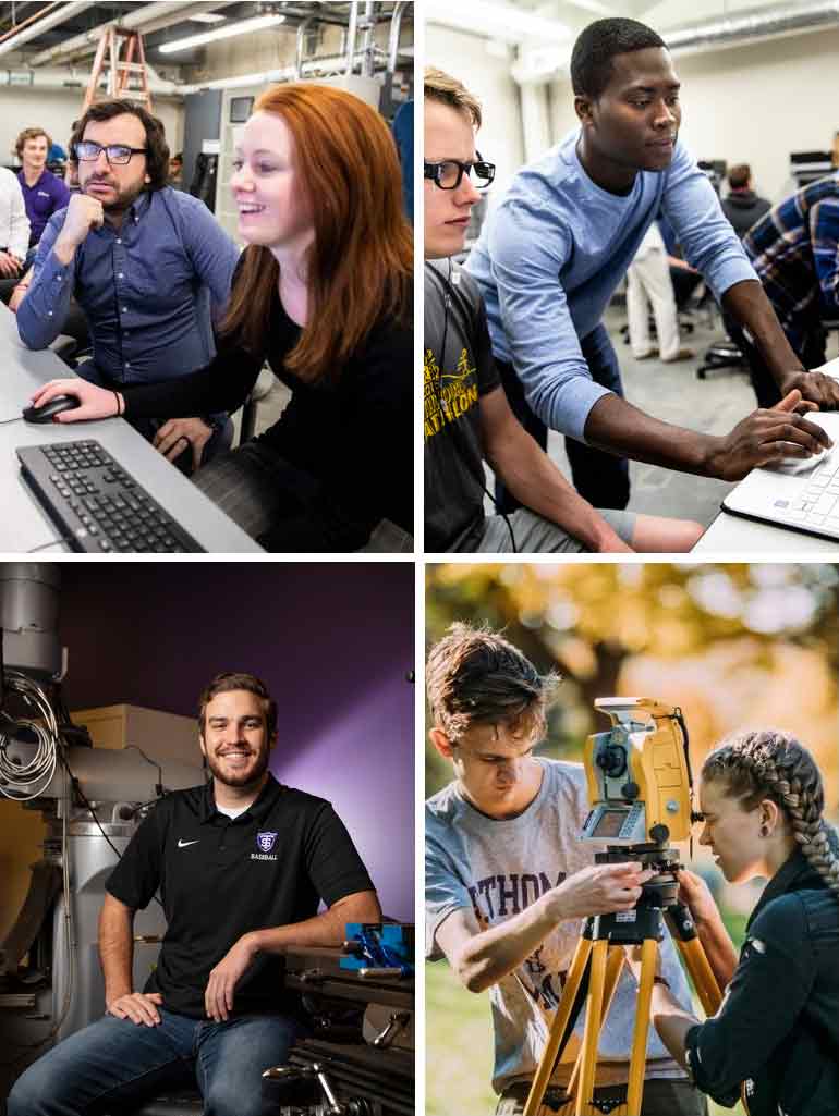 Four-panel collage featuring engineering students and faculty