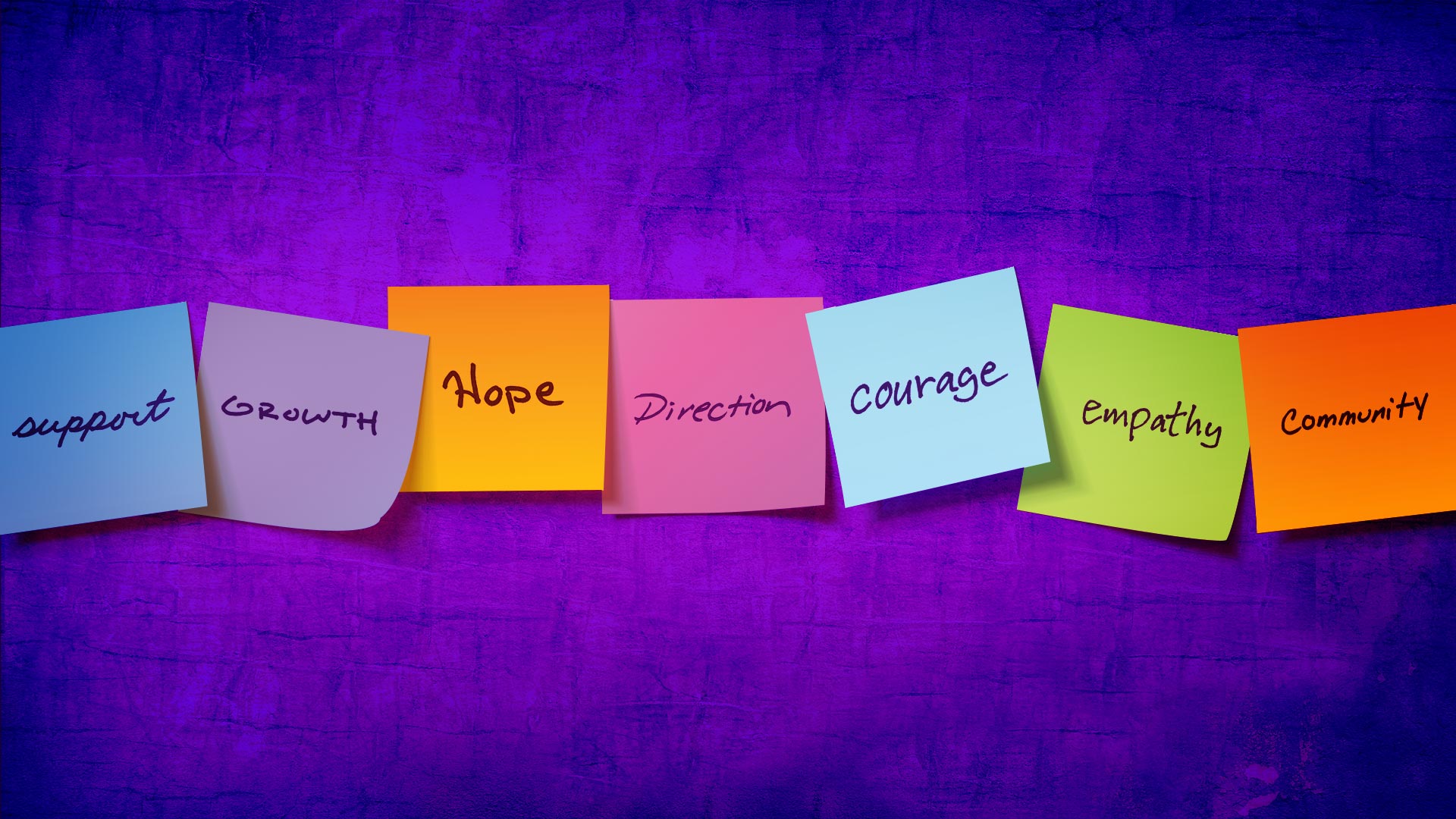 sticky notes against a purple background that say support, growth, hope, direction, courage, empathy, community