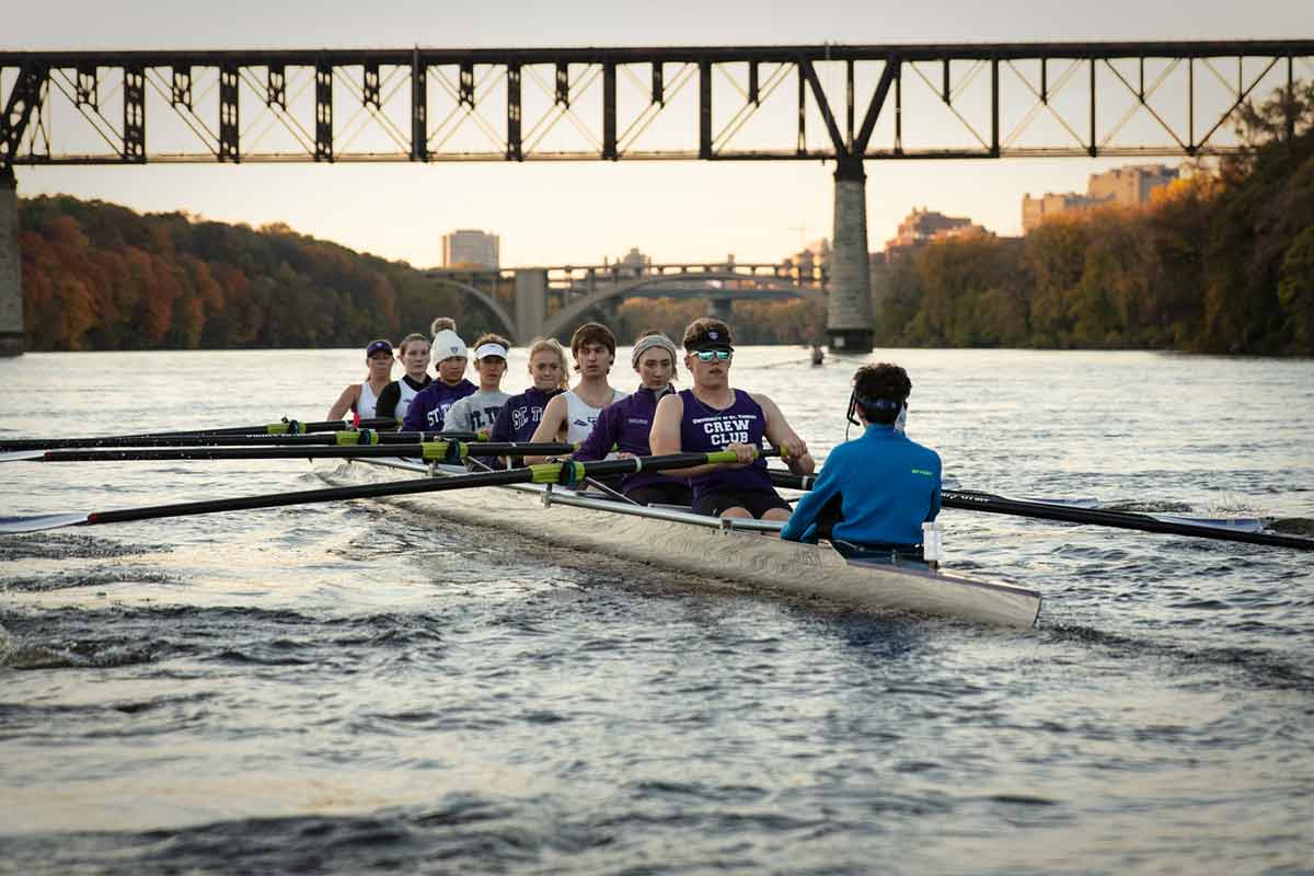 The St. Thomas Rowing Team practices on the Mississippi River.