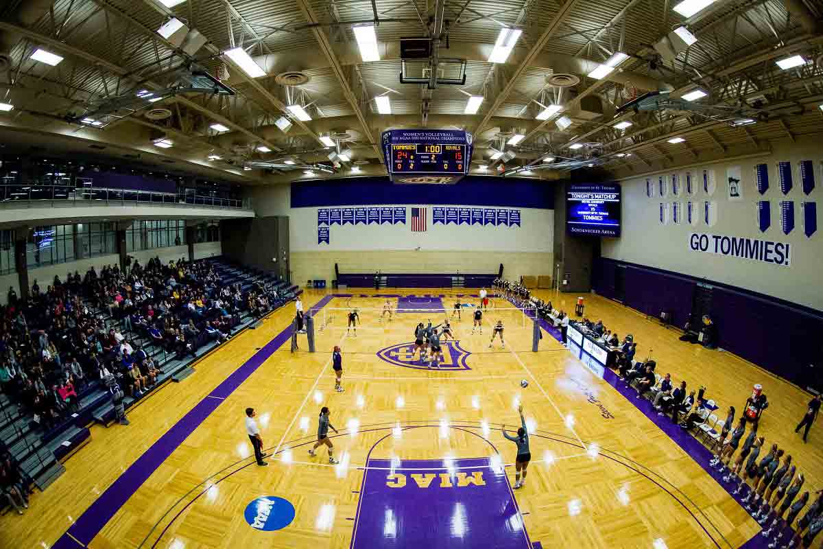 A game of women's volleyball at the Schoenecker Arena.