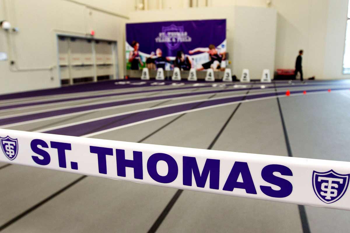 A view of the University of St. Thomas logo at the AARC field house.