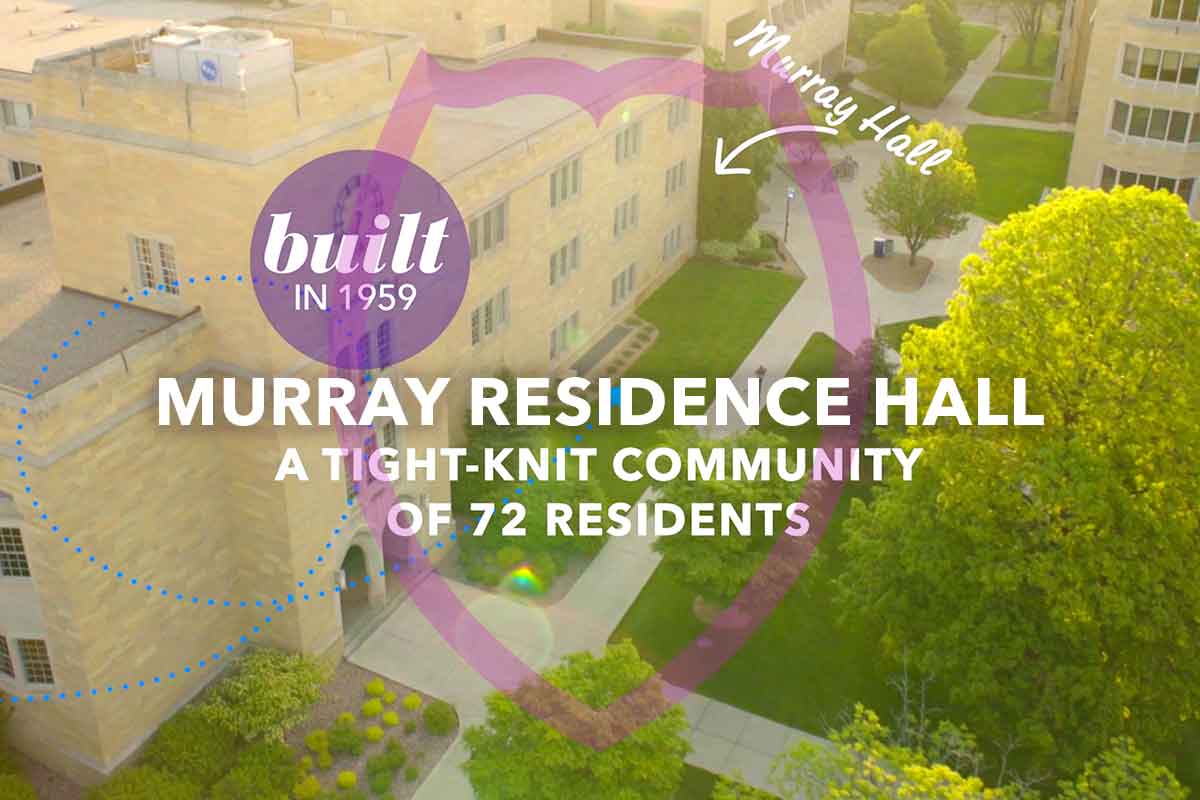 screenshot of Ariel shot of Murray hall from the video