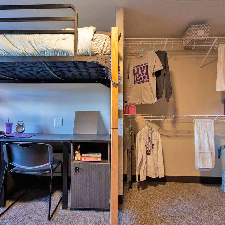 dowling room with lofted bed and open closet