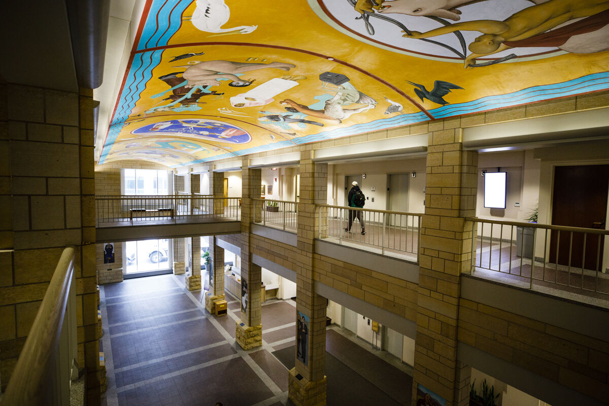 Terrence Murphy Hall atrium with frescoes on the ceiling
