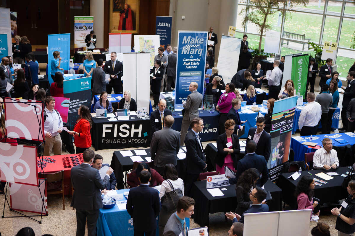 on-campus job fair with employer booths