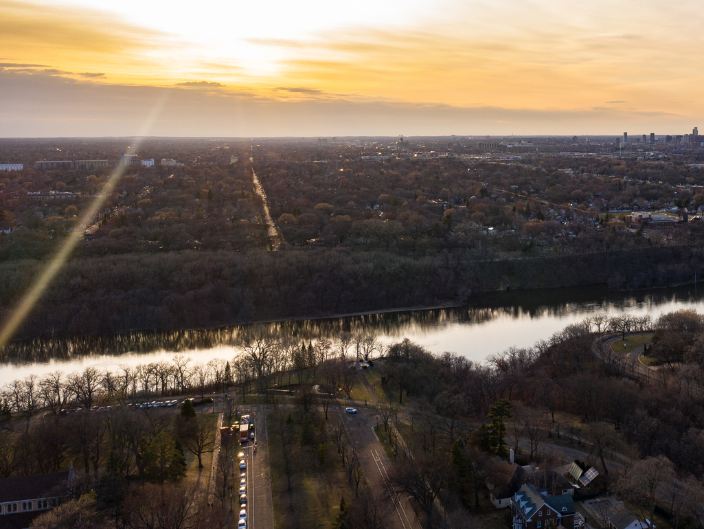 aerial view of the mississippi river at the edge of campus
